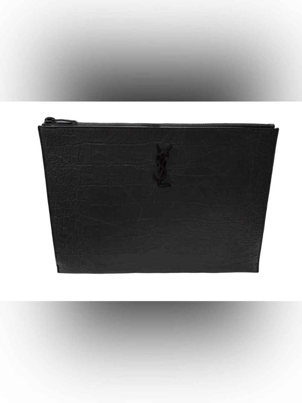 SAINT LAURENT Cassandre Zipped Tablet Holder in Crocodile-Embossed Leather